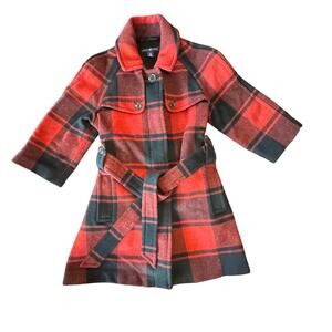 GAP Wool Blend Mid Length Winter Coat Size XS Red‎ Black Plaid Pockets Belt